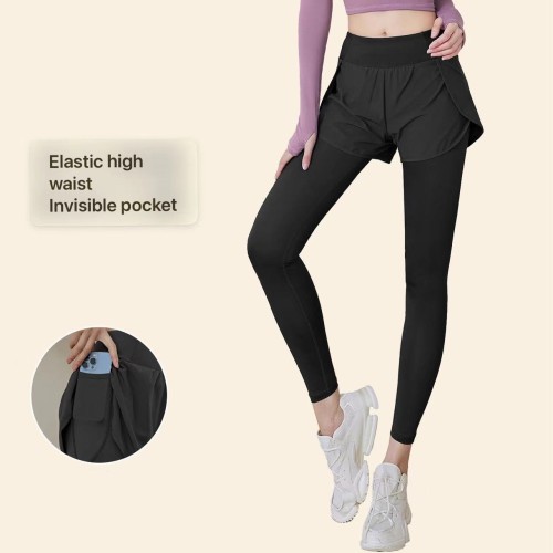 Fake two-piece lined pockets stretch high waist running fitness sports leggings