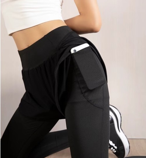 Fake two-piece lined pockets stretch high waist running fitness sports leggings